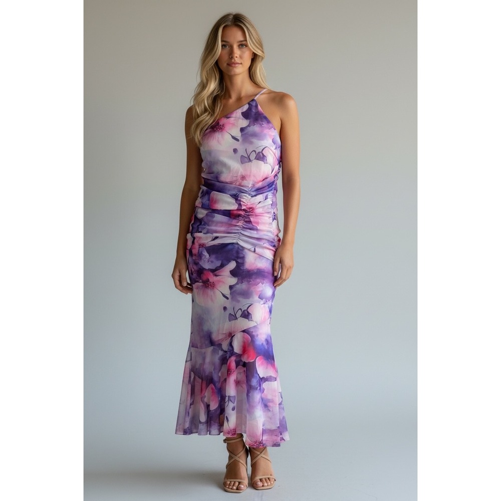 Vici Purple Y2K Style Floral Ruched Small One Shoulder Midi Dress Wedding Guest